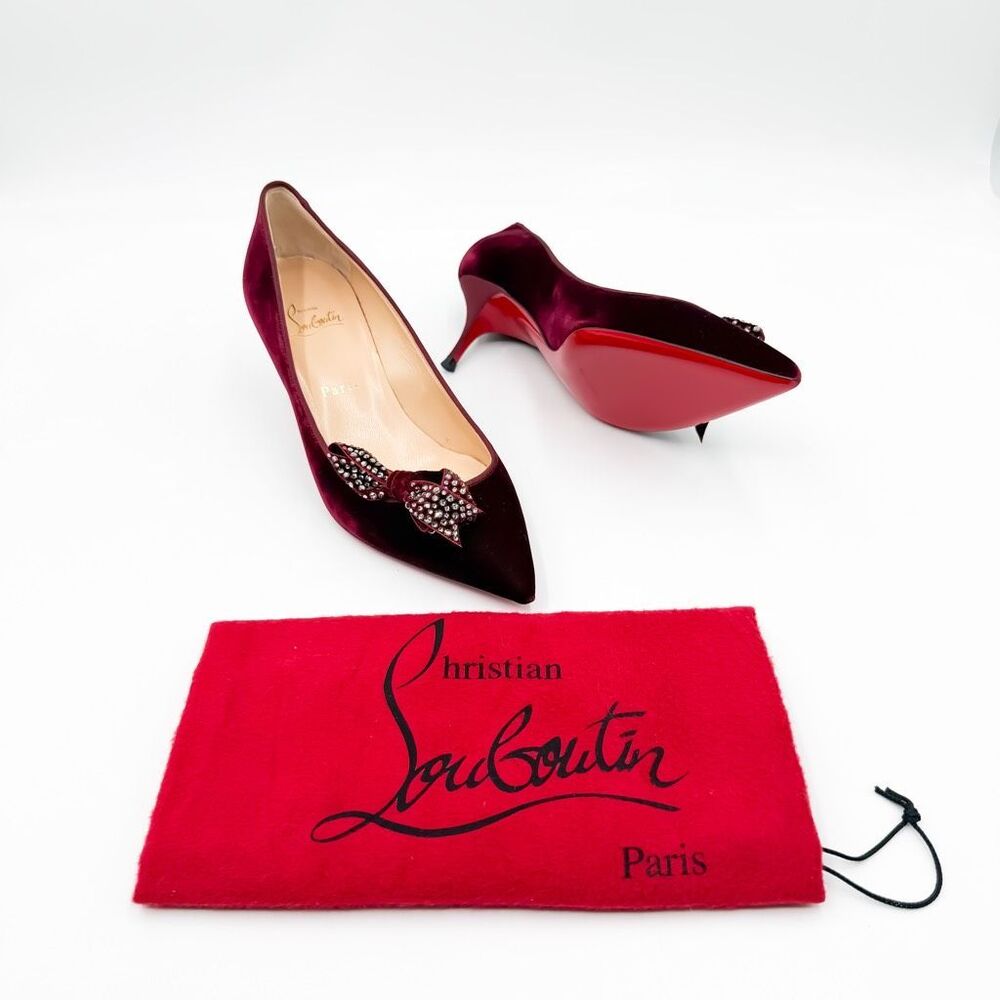 Christian Louboutin Velvet Madame Menule Bow Pumps Kitten Heel EU 38.5 US 8.5